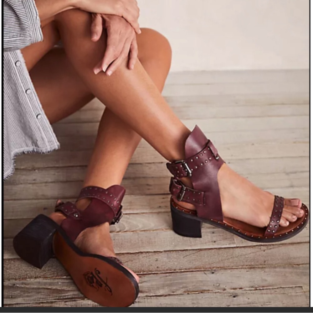 Free People Studded Happiness Wine  Leather Gladiator Sandals EU39 Sz 8.5